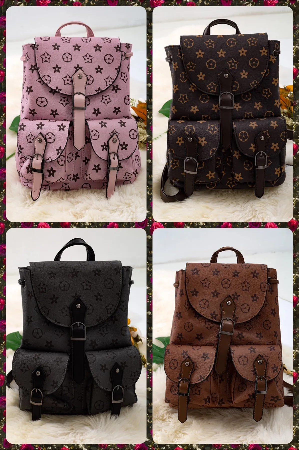 11-inch height pleather backpacks. Available in 4 colors.