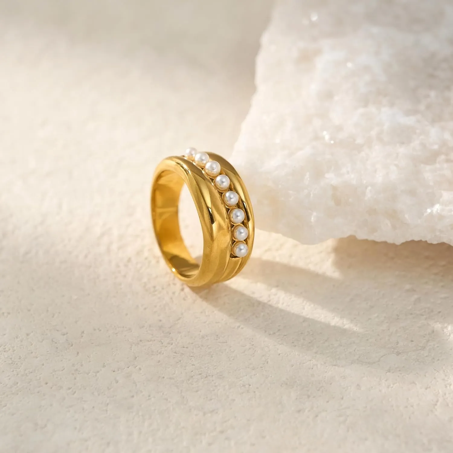 18K Gold Plated Ring For Women Shiny Gold Chunky Ring Elegant Freshwater Pearl Ring Non Tarnish Gold Rings Trendy Index Finger Statement Rings Gorgeous Beads Cocktail Ring Waterproof Gold Daily Jewelry For Women