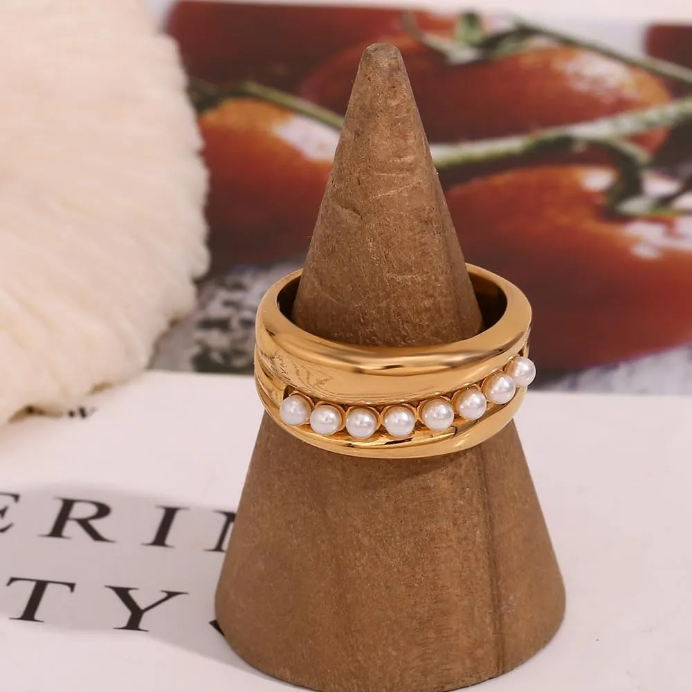 18K Gold Plated Ring For Women Shiny Gold Chunky Ring Elegant Freshwater Pearl Ring Non Tarnish Gold Rings Trendy Index Finger Statement Rings Gorgeous Beads Cocktail Ring Waterproof Gold Daily Jewelry For Women