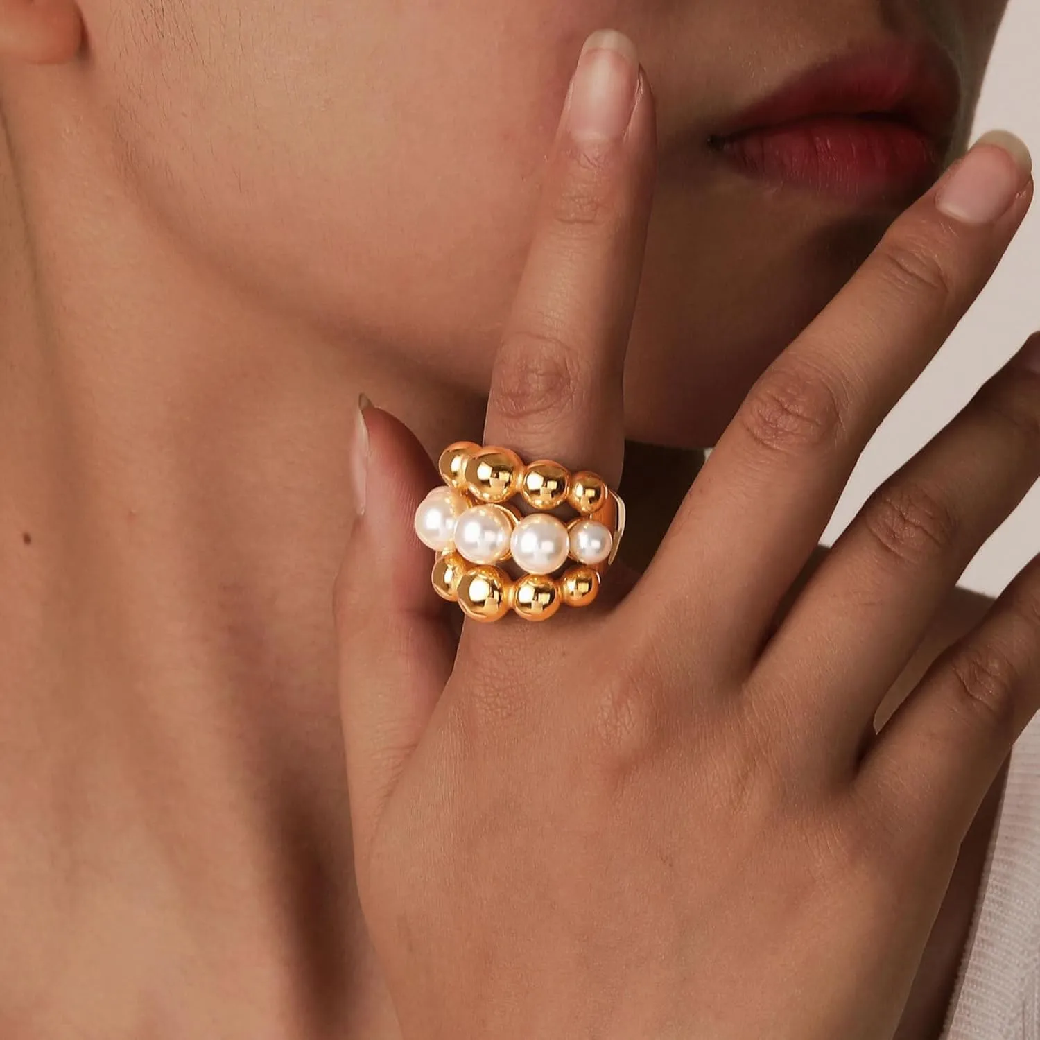 18K Gold Plated Ring For Women Shiny Gold Chunky Ring Elegant Freshwater Pearl Ring Non Tarnish Gold Rings Trendy Index Finger Statement Rings Gorgeous Beads Cocktail Ring Waterproof Gold Daily Jewelry For Women