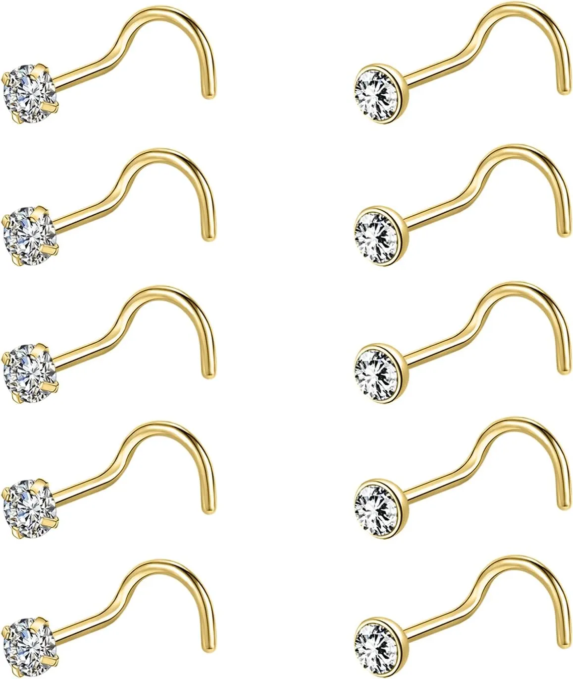 6-10Pcs 18G 20G Nose Ring Surgical Steel Nose Rings Studs Piercing For Women Men 1.5mm 2mm 2.5mm 3mm Round Diamond CZ L Shaped Corkscrew Gold Black Silver Nose Piercing Hypoallergenic