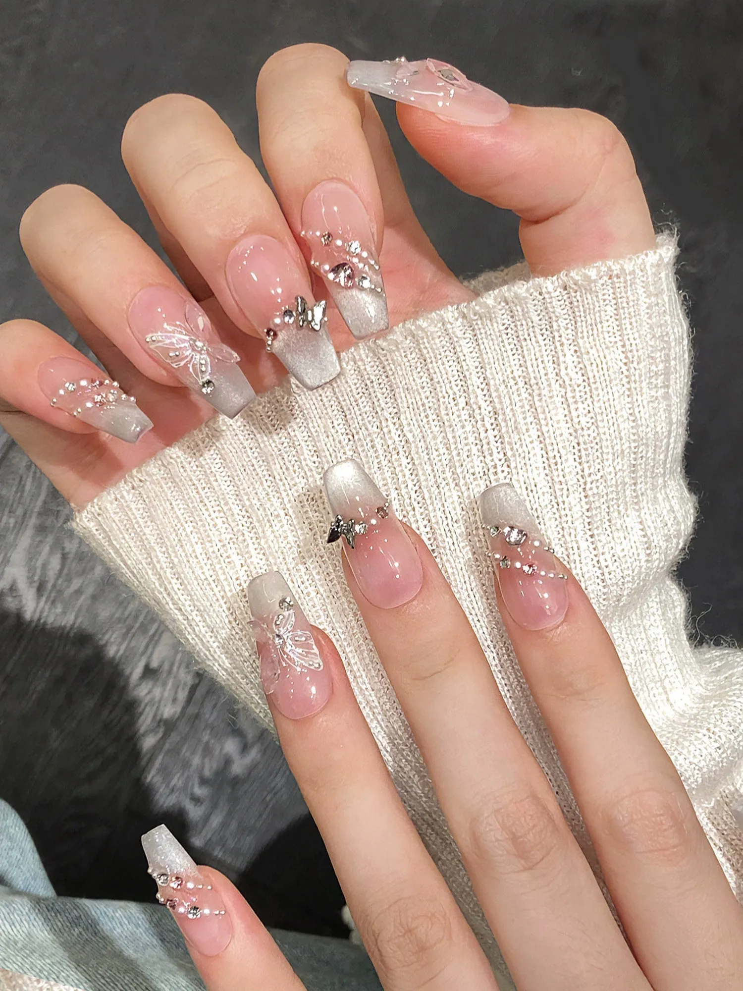 Butterfly-Hand-Painted Diamond Cat-Eye & Glitter Reusable Press-On Nails PN004