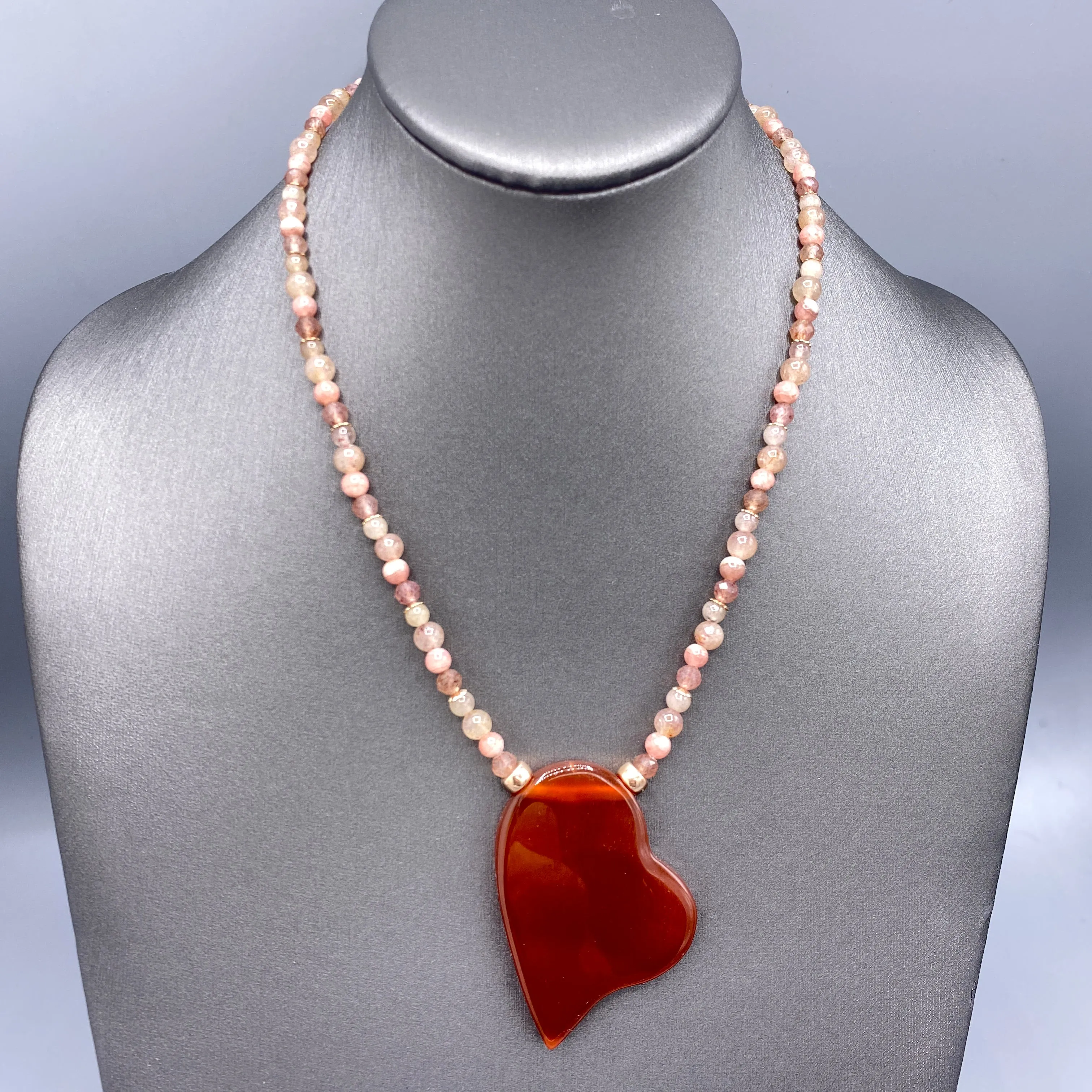 Carnelian Heart, Rhodochrosite, Lepidolite, and 14 Kt Rose Gf Necklace