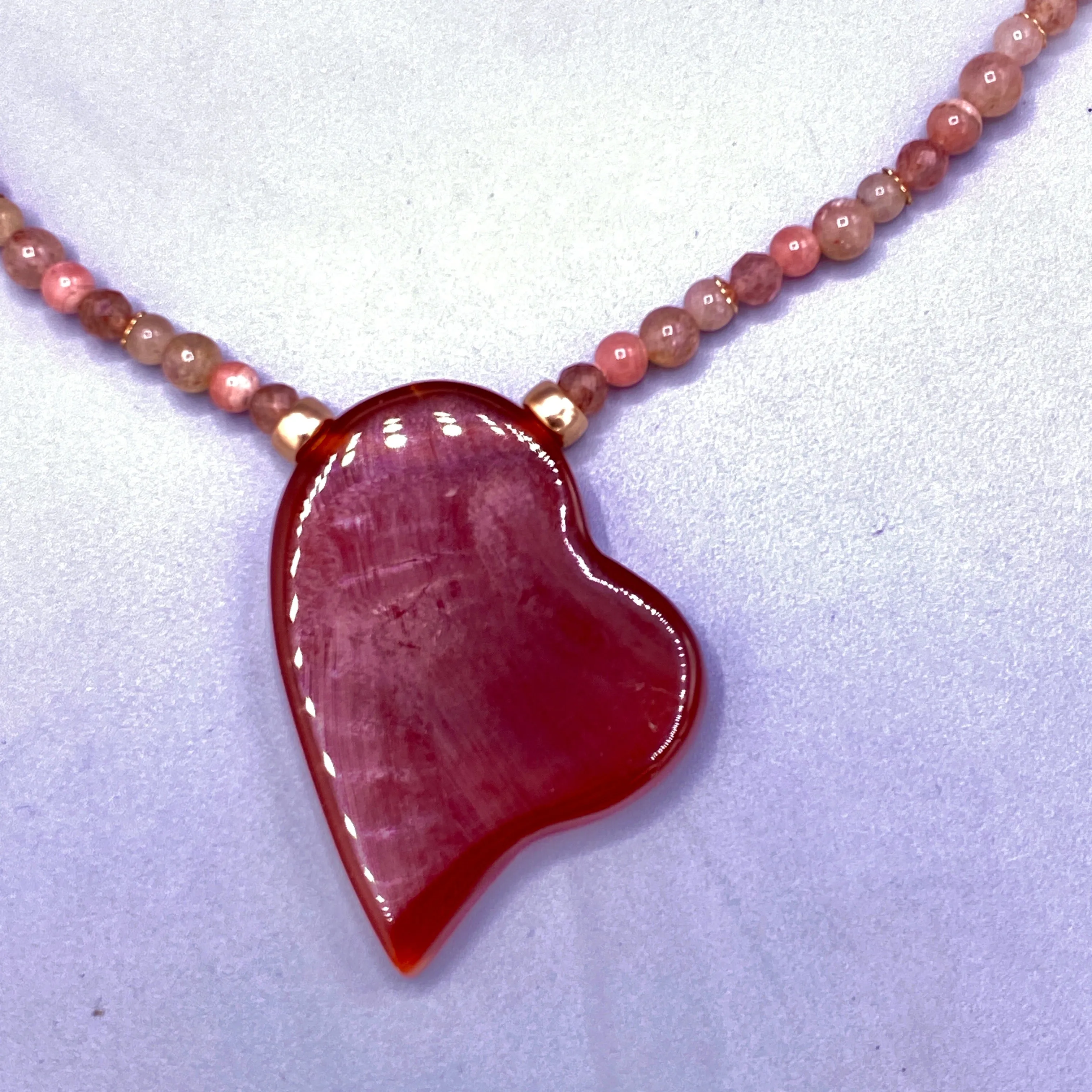 Carnelian Heart, Rhodochrosite, Lepidolite, and 14 Kt Rose Gf Necklace