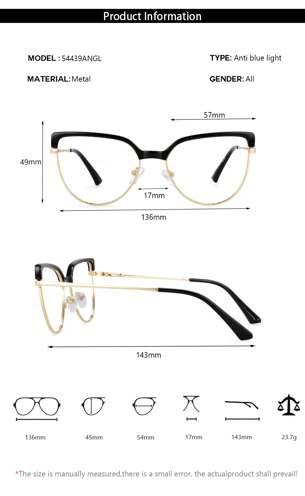 CCspace Unisex Full Rim Square Cat Eye Tr 90 Titanium Frame Eyeglasses 54439