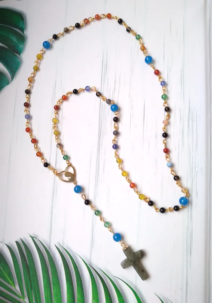 Gemstone Rosary with Labradorite Cross Necklace