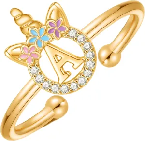 Initial Rings for Teen Girls - 14K Gold/White Gold/Rose Gold Plated Adjustable Unicorn Letter Rings for Girls