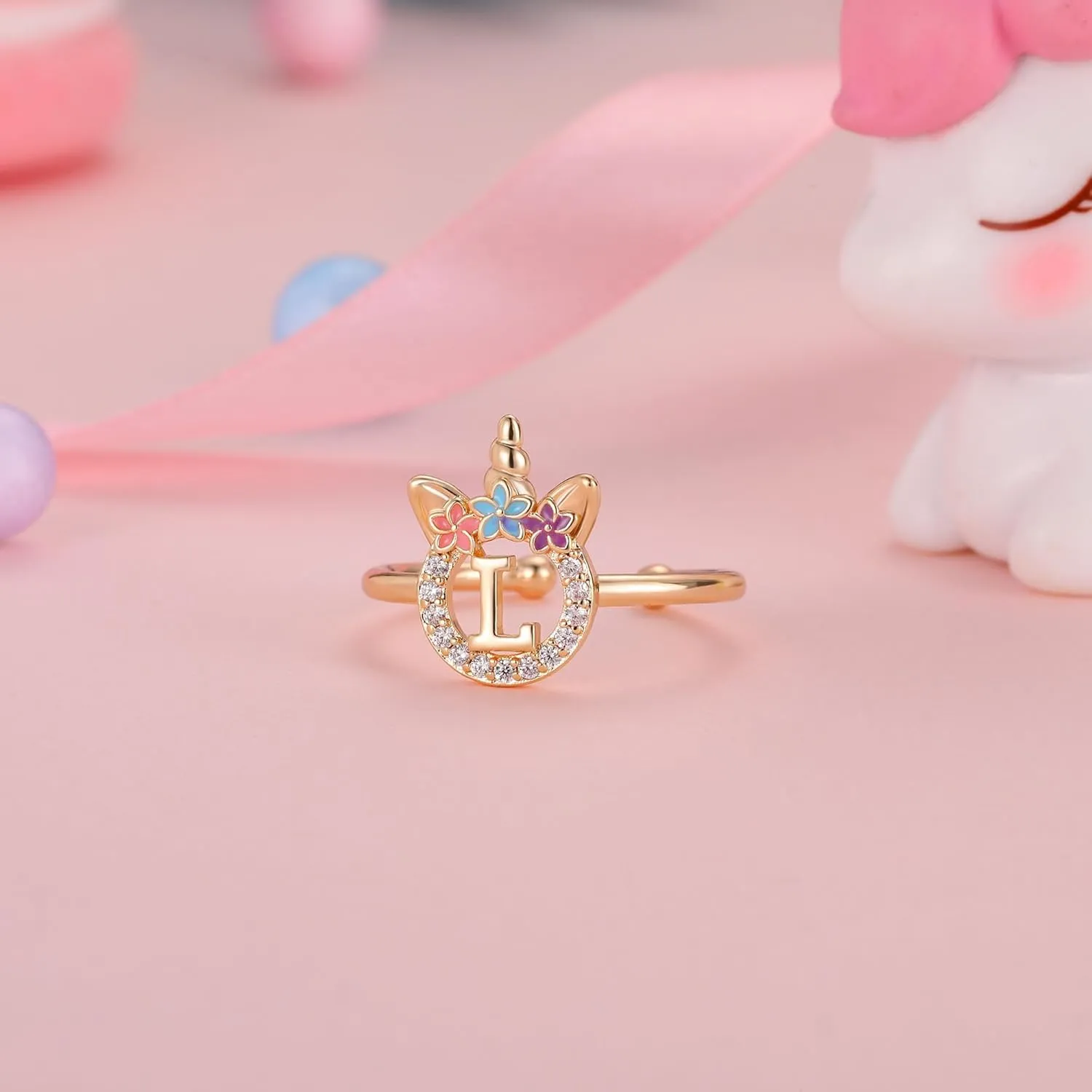 Initial Rings for Teen Girls - 14K Gold/White Gold/Rose Gold Plated Adjustable Unicorn Letter Rings for Girls