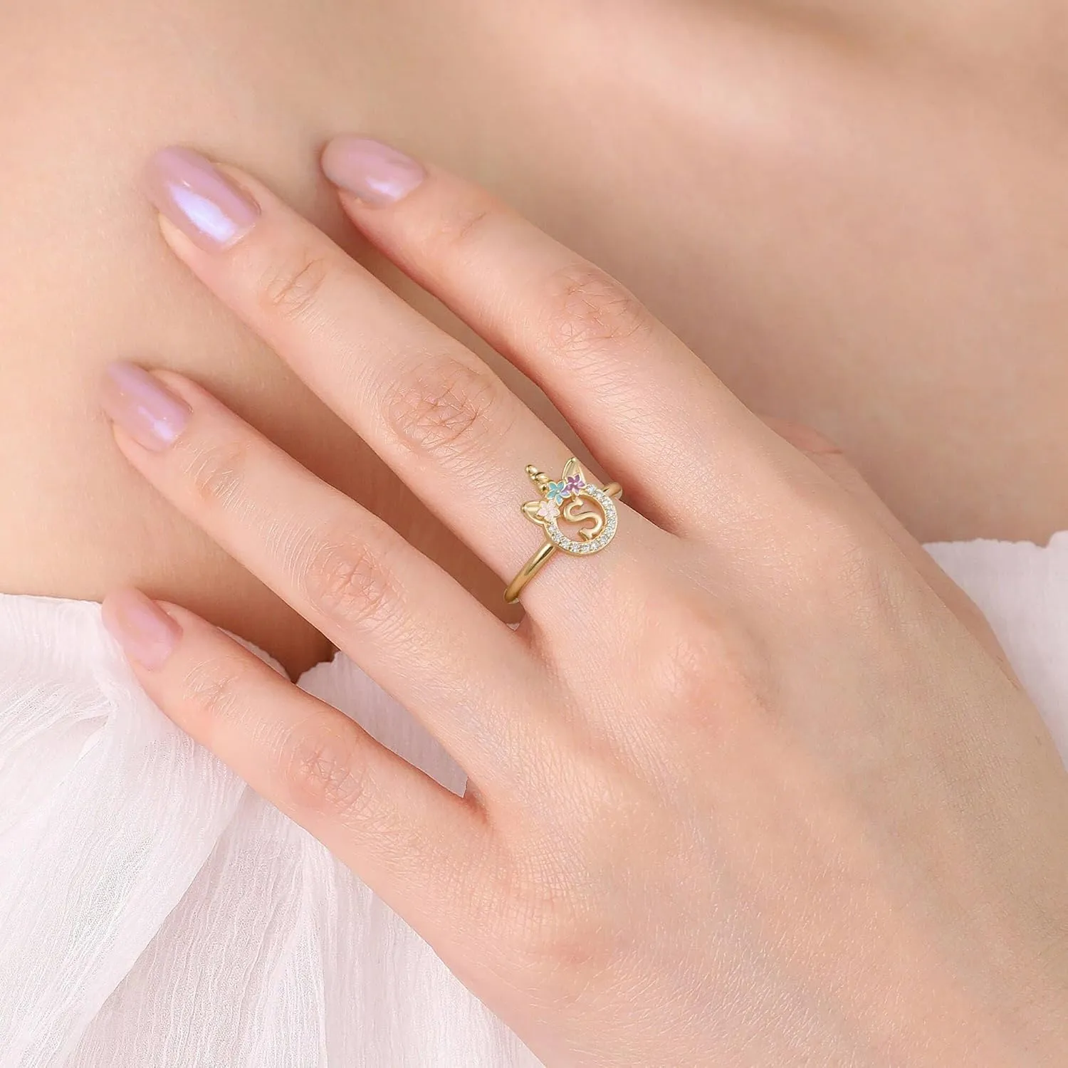 Initial Rings for Teen Girls - 14K Gold/White Gold/Rose Gold Plated Adjustable Unicorn Letter Rings for Girls