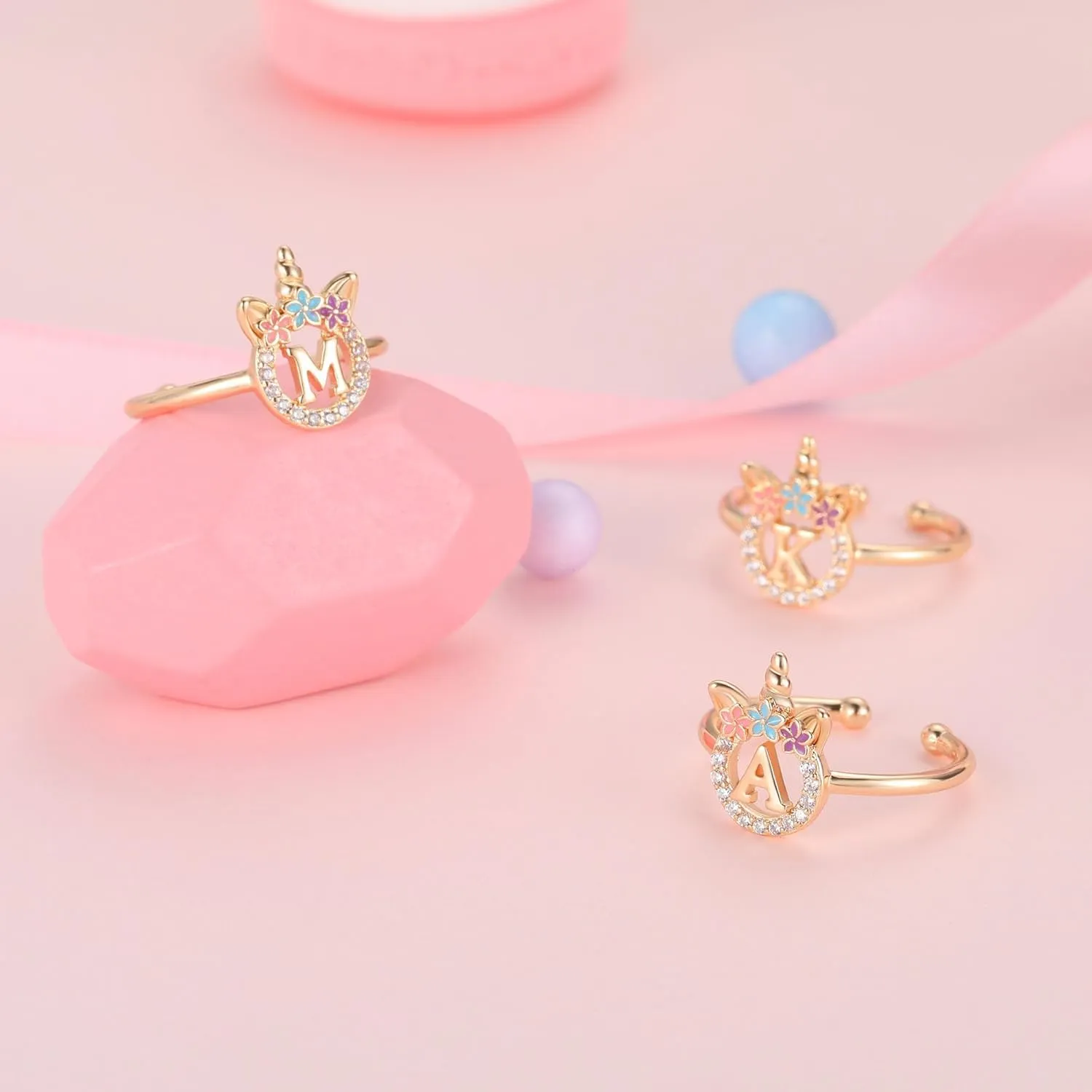 Initial Rings for Teen Girls - 14K Gold/White Gold/Rose Gold Plated Adjustable Unicorn Letter Rings for Girls