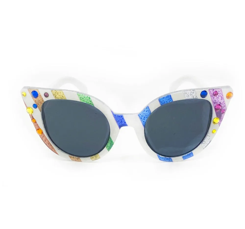 Lentes blancos con rayas multicolores y cristales -Bari Lynn