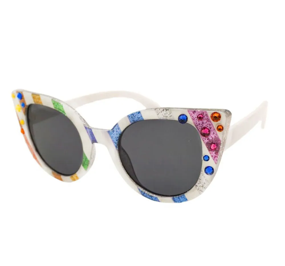 Lentes blancos con rayas multicolores y cristales -Bari Lynn