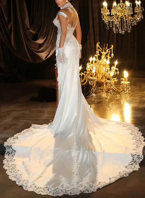 Luolandi Illusion Neck Lace/Silk Like Satin Wedding Dresses With High Split Elegant Without Gloves