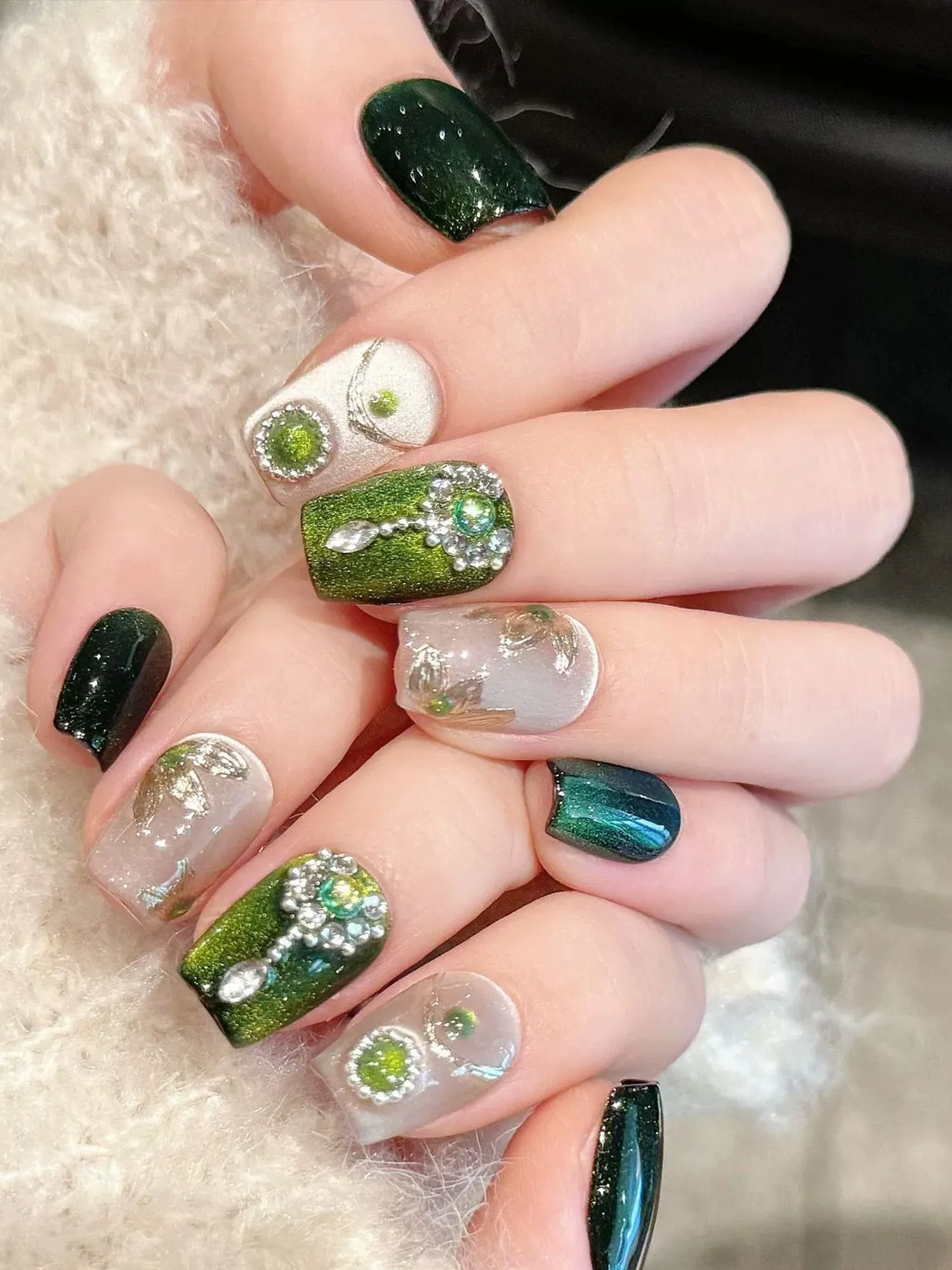 Luxury Melbourne Green Cat Eye with Rhinestone & Pearl Accents Press-On Nails PN001