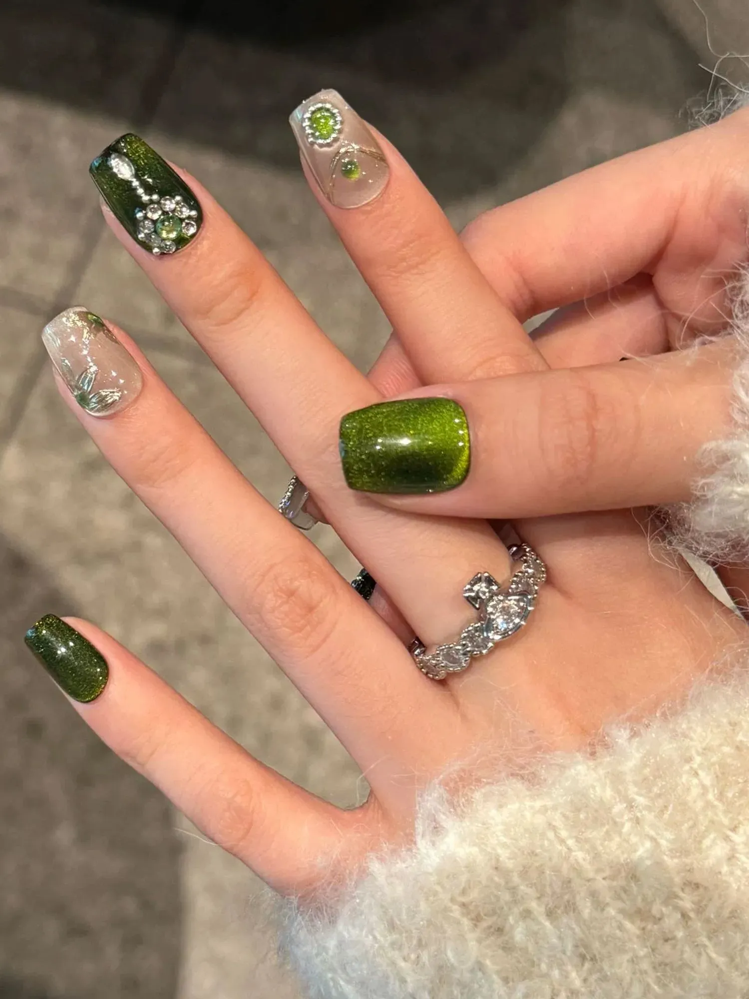 Luxury Melbourne Green Cat Eye with Rhinestone & Pearl Accents Press-On Nails PN001