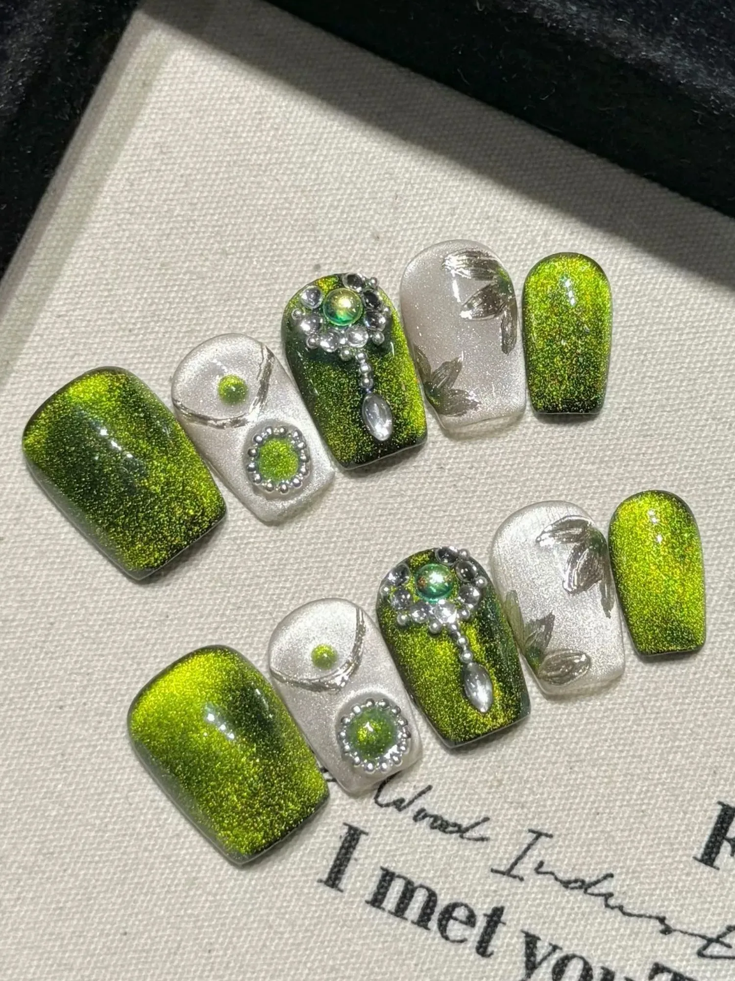 Luxury Melbourne Green Cat Eye with Rhinestone & Pearl Accents Press-On Nails PN001