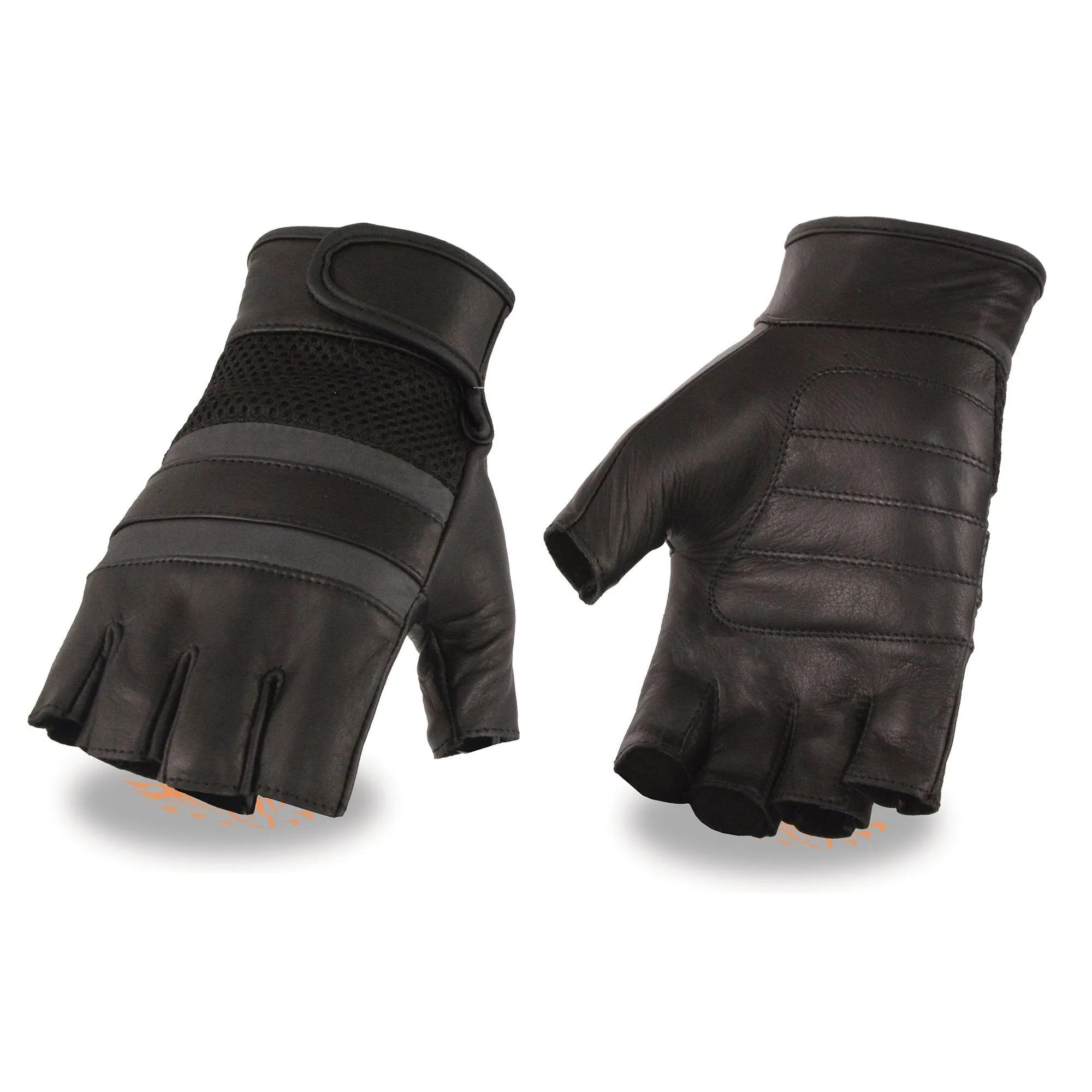 Milwaukee Leather MG7548 Men's Black Leather Mesh Gel Palm Fingerless Motorcycle Hand Gloves W/ Reflective Bands