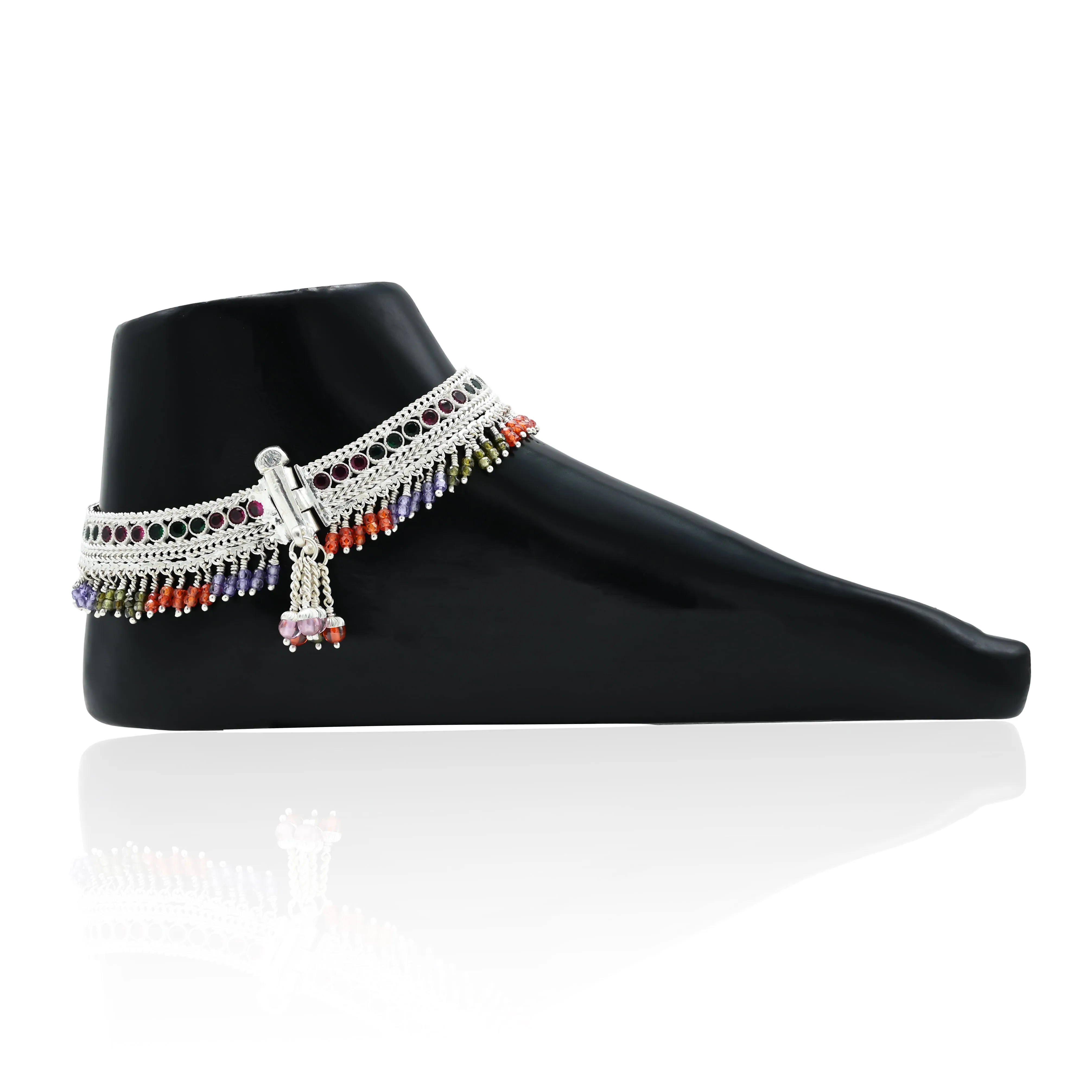 Modern VIbrant Colorful Gem Stone & Beads Silver Women's Payal