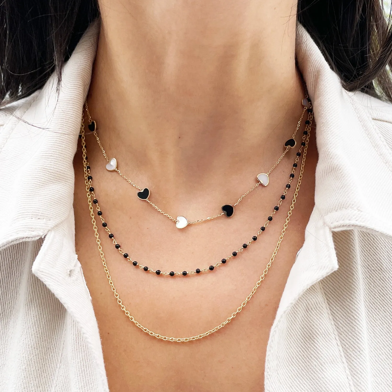 Mother of Pearl and Onyx Mixed Heart Station Necklace