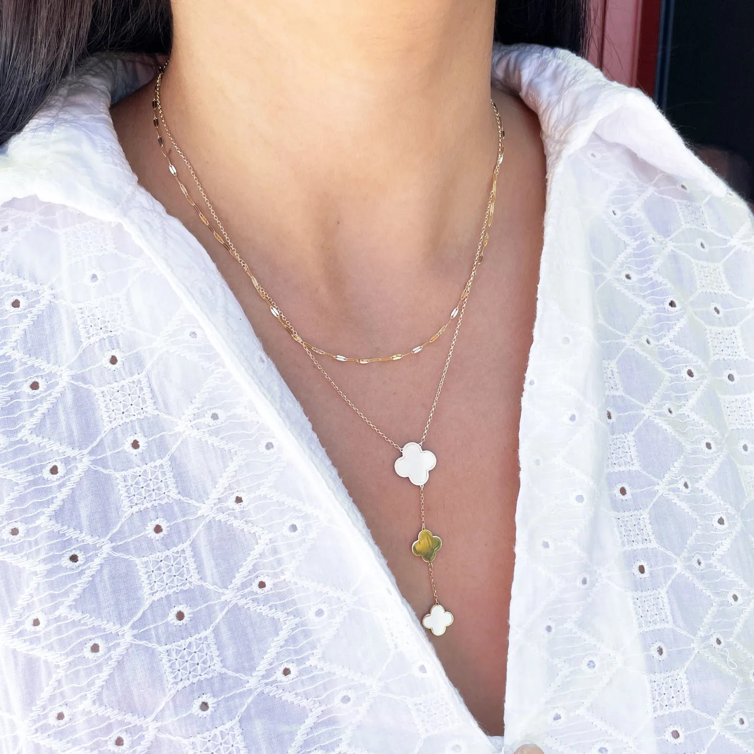 Mother of Pearl Clover Lariat Necklace