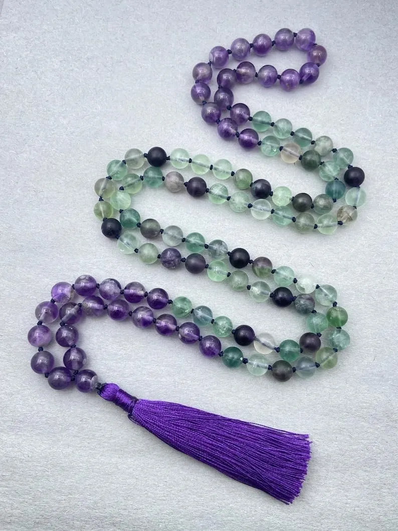 Natural Amethyst & Fluorite 8mm 108 Mala Beads, Spiritual, Meditation Beads, Reiki, Japa Mala, Buddhist Prayer Beads, Yoga Bracelet, healing beads LKMALA-RRGU-3618