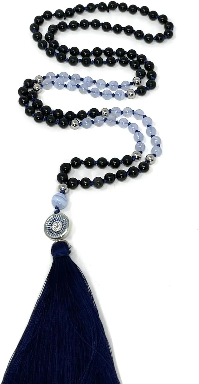 Natural black obsidian & blue lace agate 6mm 108 Mala Beads, Spiritual, Meditation Beads, Reiki, Japa Mala, Buddhist Prayer Beads, Yoga Bracelet, healing beads LKMALA-RRGU-1958