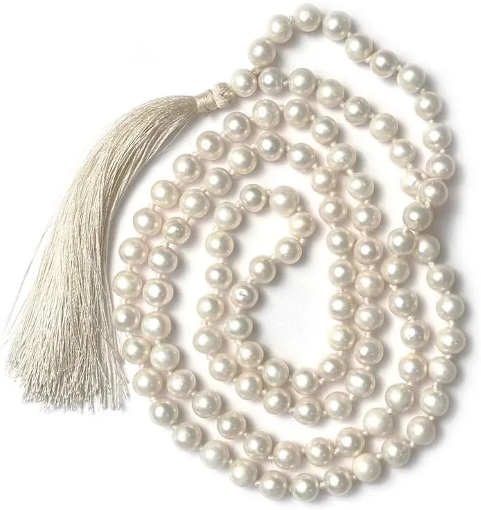 Natural Pearl 8mm 108 Mala Beads, Spiritual, Meditation Beads, Reiki, Japa Mala, Buddhist Prayer Beads, Yoga Bracelet, healing beads LKMALA-RRGU-3147, 34 inch, white
