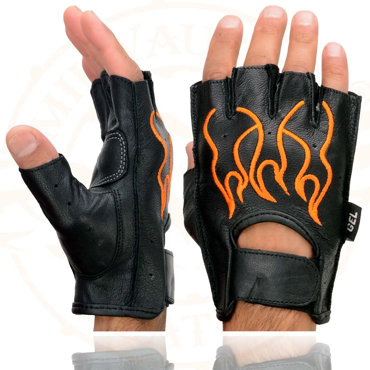 Xelement XG198 Men's Embroidered 'Flamed' Fingerless Black and Orange