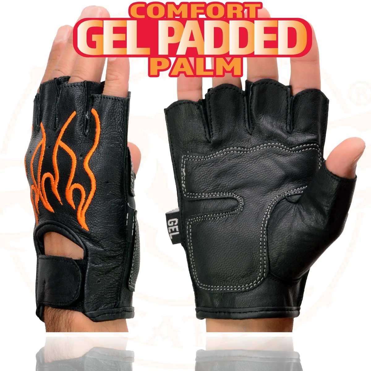 Xelement XG198 Men's Embroidered 'Flamed' Fingerless Black and Orange